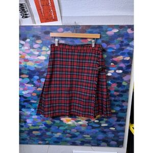 Vintage Gap Red Plaid Wool Blend Kilt Skirt Pleated Wrap Buckle Made in Italy 14